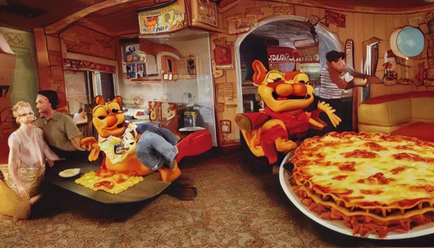 Prompt: 1990s photo of inside the Garfield Mystery Lasagna ride at Universal Studios in Orlando, Florida, riding a plate of Lasagna with Garfield through a living room filled with tons of food, cinematic, UHD