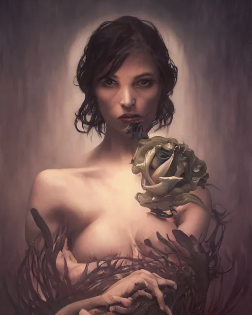 Image similar to portrait of the embodiment of darkness by Valentina Remenar, artgerm, trending on artstaton, intricate, haunting, matte painting, moody lighting, Romanticism, oil painting, hyperrealistic, James Jean, Daniel Gerhartz, maya adam, symbolism, Gerald Brom, J.C. Leyendecker, Alphonse Mucha, Mike Mignola, Akihiko Yoshida, intense atmospheric, intricate, ornate, lightforged, character concept, cgsociety