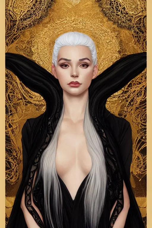 Image similar to fullbody!! of a beautiful woman with white hair, big natural horns on her head, long flowing intricate black lace dress, gold jewellery, dnd, face, fantasy, intricate, elegant, highly detailed, digital painting, artstation, concept art, smooth, sharp focus, illustration, art by artgerm and greg rutkowski and alphonse mucha