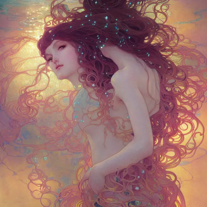 Image similar to a beautiful ethereal goddess underwater with lots of jellyfish, a luminescent ray of light, shimmering and prismatic, rococo, by krenz cushart and mucha and gustav klimt, trending on artstation