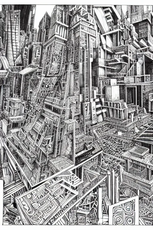 Prompt: a black and white drawing of a mayan temple cityscape, a detailed mixed media collage by hiroki tsukuda and eduardo paolozzi and moebius, intricate linework, sketchbook psychedelic doodle comic drawing, geometric, street art, polycount, deconstructivism, matte drawing, academic art, constructivism