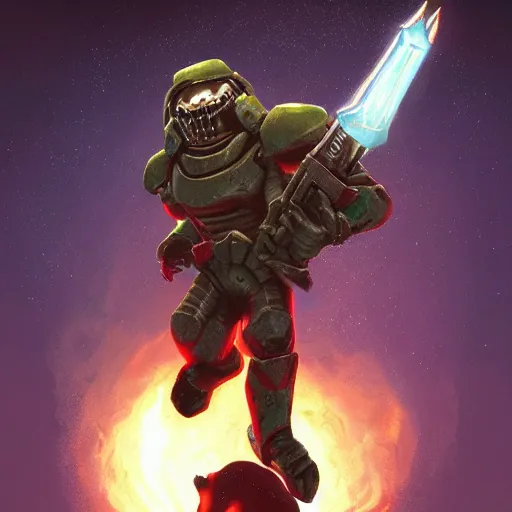 Image similar to doomguy riding a unicorn, game art, trending on artstation