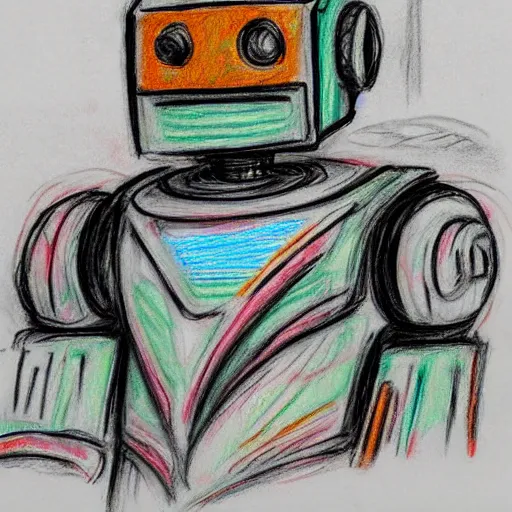 Image similar to humanoid robot testifying on stand in courtroom, courtroom sketch, messy color pencil sketch, droid