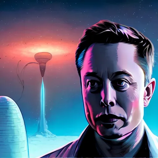 Image similar to Elon Musk looking to the left by H.P. Lovecraft, abaddon and magali villeneuve, ghibli moebius, 8k, epic scene, scifi, unreal engine, trending on cg station. masterpiece.