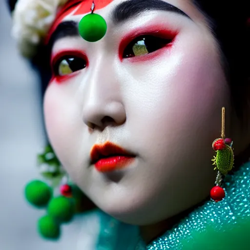 Image similar to minimalist photography portrait of an elaborately adorned oiran, symmetrical, super close up, mid thirties, cute round green slanted eyes, porcelain skin, wide nostrils, chubby cheeks, high flat eyebrows, ethereal essence, angelic, leica 1 0 0 mm f 0. 8