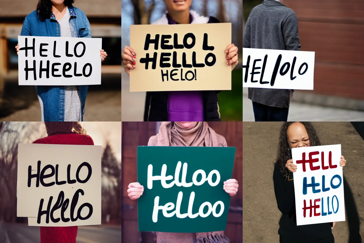Prompt: Photo of a person holding a sign with the word Hello written on it