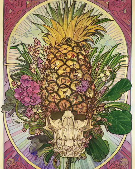 Image similar to Poster of a tiger skull with pineapple leaves growing out of the top art surrounded by varities of flowers, cell shading, by Alphonse Mucha, Moebius, hiroshi yoshida, Art Nouveau, colorful, ultradetailed, vivid colour, 3d