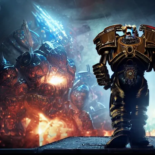 Image similar to Portrait of donald trump as the emperor of humanity from warhammer 40k in Gears of War, splash art, movie still, cinematic lighting, dramatic, octane render, long lens, shallow depth of field, bokeh, anamorphic lens flare, 8k, hyper detailed, 35mm film grain