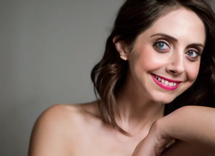Prompt: a closeup, 4 5 mm, detailed photograph of a woman looking at camera with a seductive smile, alison brie, beautiful low light, 4 5 mm, by franz lanting