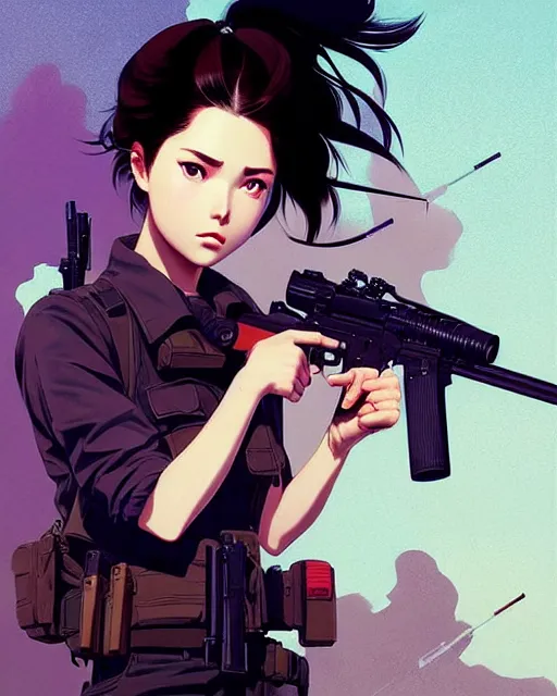 Image similar to girl holding a rifle | | very very anime!!!, fine - face, audrey plaza, realistic shaded perfect face, fine details. anime. realistic shaded lighting poster by ilya kuvshinov katsuhiro otomo ghost - in - the - shell, magali villeneuve, artgerm, jeremy lipkin and michael garmash and rob rey