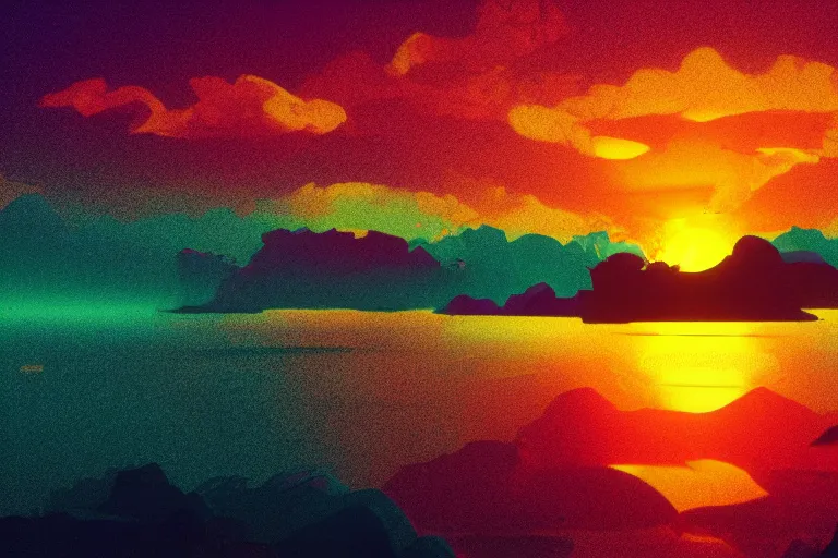 Image similar to Synthwave style sunset above the reflective sea in the style of Artstation