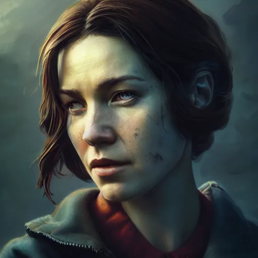 Image similar to fallout 5, charismatic brunette female protagonist, portrait, atmospheric lighting, painted, intricate, volumetric lighting, beautiful, daytime, sunny weather, slight overcast, sharp focus, deep colours, ultra detailed, by leesha hannigan, ross tran, thierry doizon, kai carpenter, ignacio fernandez rios