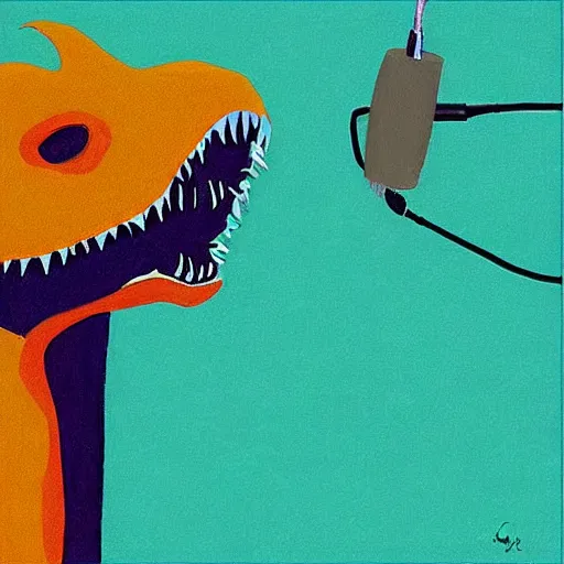 Prompt: “dinosaur singing karaoke detailed trex minimalism Matisse digital art oil painting”