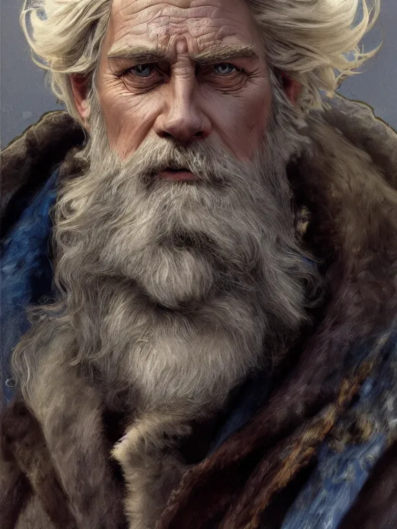 Image similar to painted portrait of rugged odin, god of death, norse god, white hair, masculine, mature, handsome, upper body, blue and silver, muscular, hairy torso, fantasy, intricate, muscular, elegant, highly detailed, digital painting, artstation, concept art, smooth, sharp focus, illustration, art by gaston bussiere and alphonse mucha