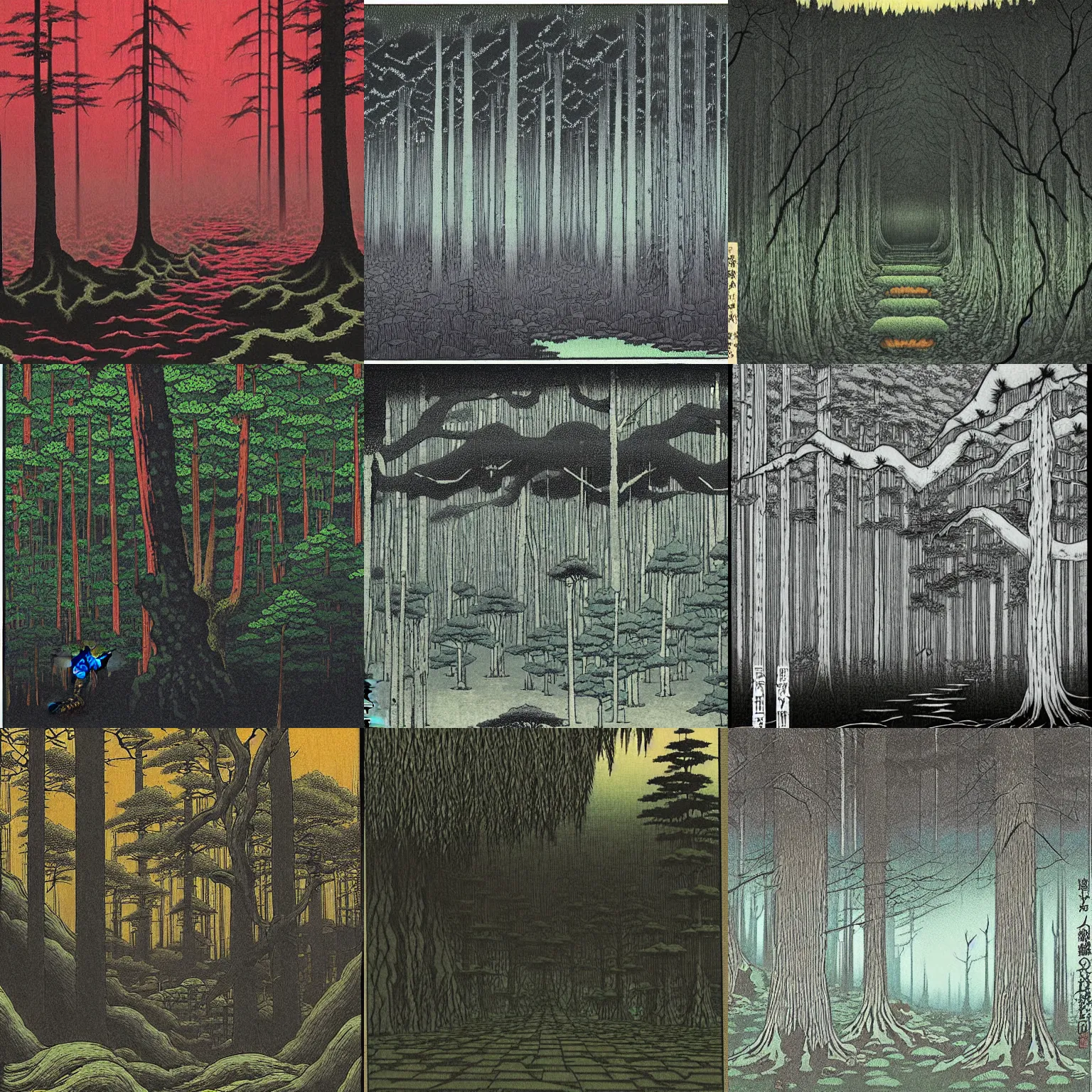 Prompt: forest in dark lovecraftian horror style, made by Kawase Hasui in unkiyo-e style