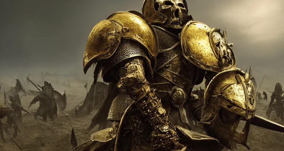 Image similar to render of A skull faced knight with a skull mask, wearing a golden set of armor standing strong in the middle of a battlefield, hyper realistic, unreal, craig mullins, alex boyd, lord of the rings, game of thrones, dark souls, skyrim, dragon age, artstation, cinematic shot, warhammer, dungeons and dragons