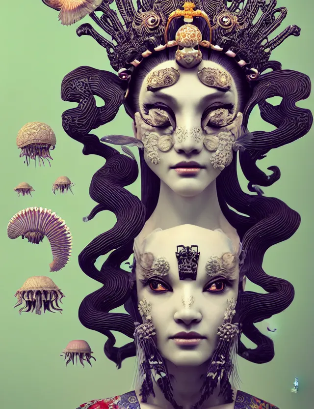 Image similar to 3 d goddess close - up portrait with crown, ram skull. beautiful intricately detailed japanese crow kitsune mask and clasical japanese kimono. betta fish, jellyfish phoenix, bioluminescent, plasma, ice, water, wind, creature, artwork by tooth wu and wlop and beeple and greg rutkowski