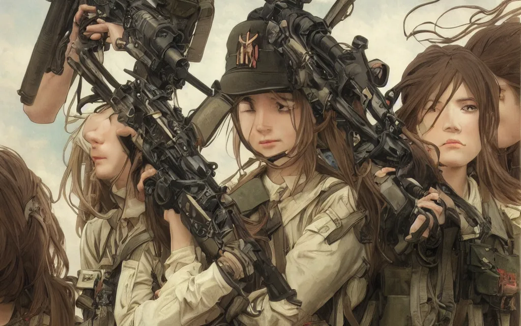 Prompt: war movie scene, infantry girl, anime style, long hair, hair down, symmetrical facial features, explosions, from girls frontline, hyper realistic, pale skin, rule of thirds, extreme detail, realistic lighting, detailed drawing, trending artstation, hd, d & d, trading card, by alphonse mucha, greg rutkowski, sharp focus, backlit