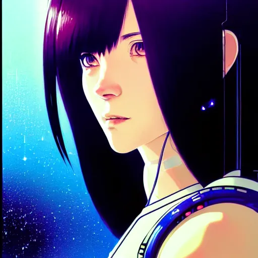 Image similar to side portrait scifi cyborg girl with robotic parts and spacesuit | | head only in center of image, audrey plaza, fine detail!! anime!! realistic shaded lighting!! poster by ilya kuvshinov katsuhiro otomo ghost - in - the - shell, magali villeneuve, artgerm, jeremy lipkin and michael garmash and rob rey