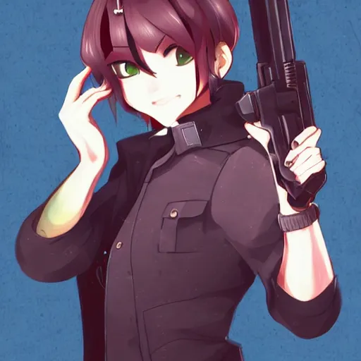 Image similar to a woman with a gun in her hand, a character portrait by shitao, trending on pixiv, sots art, official art, pixiv, anime