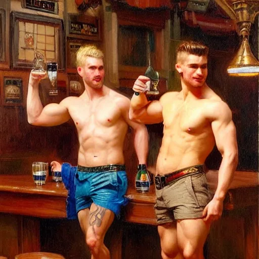 Image similar to attractive muscular male with brunet hair and attractive muscular male with blond hair. pants and shorts, drinking their hearts out, in a pub. very defined and detailed painting by gaston bussiere, j. c. leyendecker, craig mullins 8 k