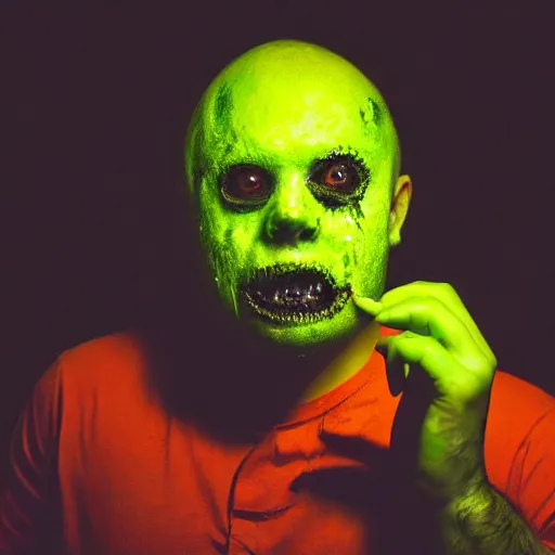 Image similar to a film still from a horror movie featuring a lime monster, scars on his face, photography, 8 k