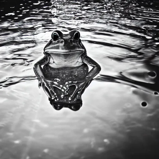 Prompt: a frog in a suit is in a pool, he is cheering and very happy, black-and-white, 50mm