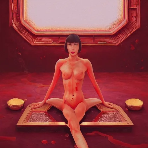 Image similar to Kiko Mizuhara full body laying in a blood red pool of water between a golden mirror frame, outside is space and inside the mirror frame is a beautiful landscape., physically accurate, dynamic lighting, intricate, elegant, highly detailed, digital painting, artstation, HR GIGER, Hieronymus Bosch, Francis Bacon, concept art, smooth, sharp focus, illustration, art by artgerm and greg rutkowski and alphonse mucha