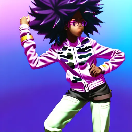 Image similar to portrait of black anime manga girl, throwing punch pose towards camera, french bob hair, white hair, wearing camo, by gustave dore, vaporwave colors, lofi colors, vaporwave, lofi, goth vibe, 4 k, smooth, hd, substance designer render, full body character concept art, 2 point lighting,