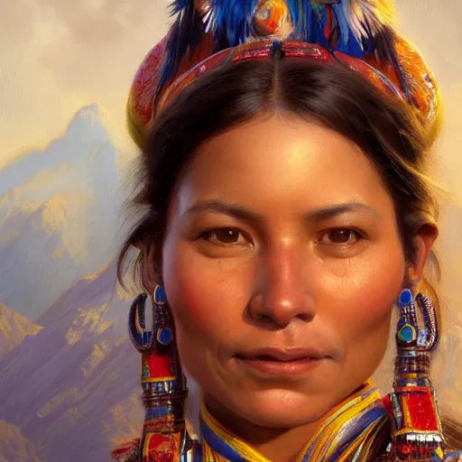 Image similar to an portrait of an happy female inca, detailed, centered, digital painting, artstation, concept art, donato giancola, Joseph Christian Leyendecker, WLOP, Boris Vallejo, Breathtaking, 8k resolution, extremely detailed, beautiful, establishing shot, artistic, hyperrealistic, beautiful face, octane render