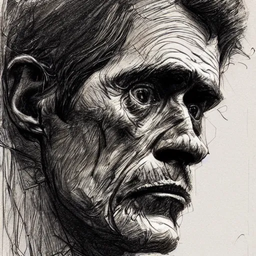 Image similar to a realistic yet scraggly portrait sketch of the side profile of a stern and sophisticated willem dafoe, trending on artstation, intricate details, in the style of frank auerbach, in the style of sergio aragones, in the style of martin ansin, in the style of david aja, in the style of mattias adolfsson