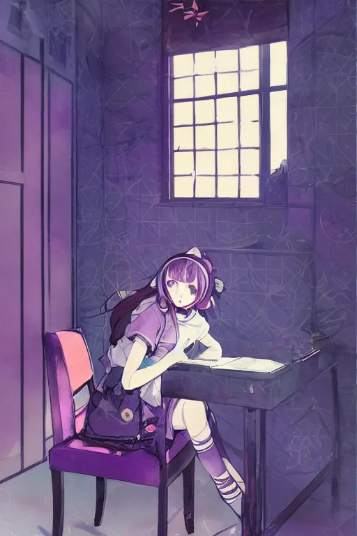 Prompt: a girl playing with a cat A comfortable study room at night,purple and blue theme,geometric shapes,S line,hard edges,jk uniform ,Hairdryer by mucha and krenz cushart and range murata