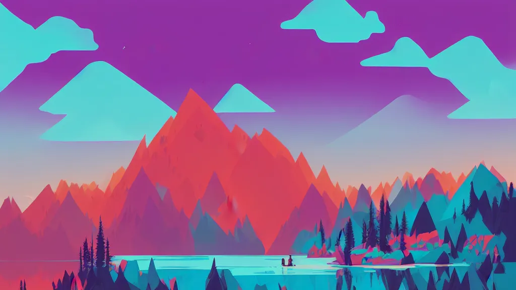 Image similar to mountains, trees, and lake, by anton fadeev