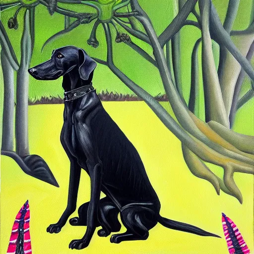 Image similar to oil painting of a black hound bearing its teeth next to brugmansia suaveolens flowers