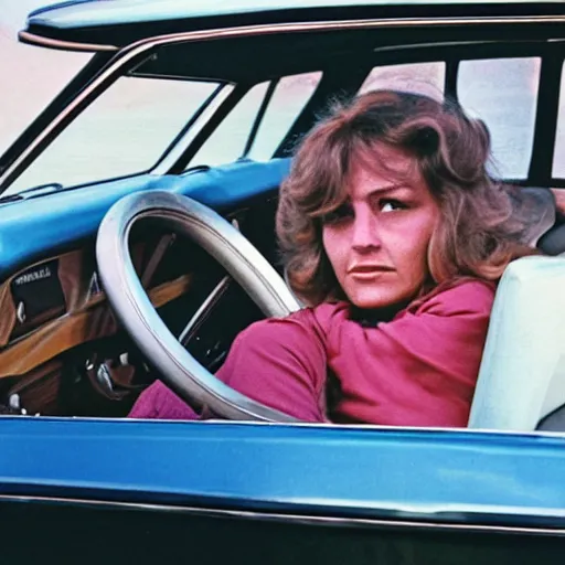 Image similar to a woman laying in the back seat of a car in 1 9 7 4 color