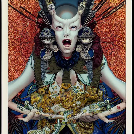 Prompt: portrait of crazy fortune teller, symmetrical, by yoichi hatakenaka, masamune shirow, josan gonzales and dan mumford, ayami kojima, takato yamamoto, barclay shaw, karol bak, yukito kishiro