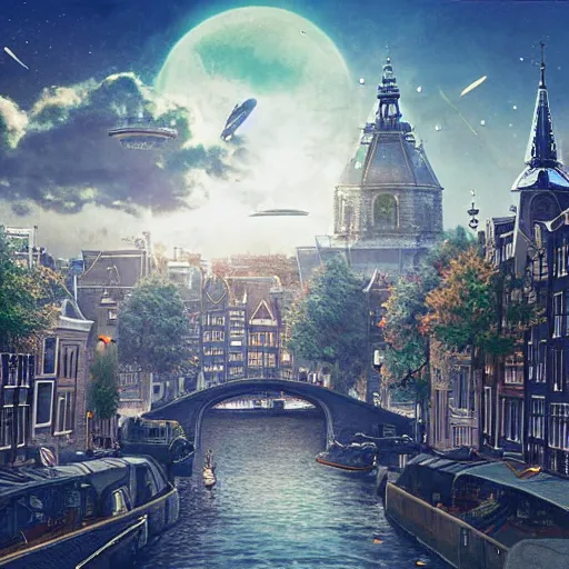 Prompt: city of amsterdam, alien spaceship in the sky, natural lighting, dreamy, intricate details, matte painting, illustration, by hayao miyazaki