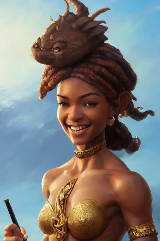 Prompt: beautiful oil painting with high detail of a female young short brown skinned genie, with short cropped brown hair and abs, smiling confidently, from dungeons and dragons by artgerm and greg rutkowski and thomas kinkade