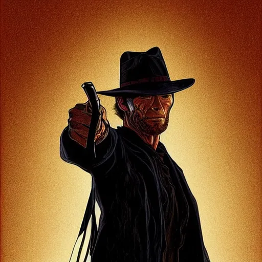 Prompt: Clint Eastwood in Unforgiven, intricate, elegant, highly detailed, digital painting, artstation, concept art, smooth, sharp focus, illustration, art alphonse mucha and loish