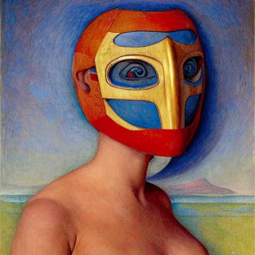 Prompt: the bird queen with her robot mask, by annie swynnerton and diego rivera and elihu vedder and jean delville, symbolist, dramatic lighting, elaborate geometric ornament, head and shoulders view, art brut, soft cool colors, smooth, sharp focus, extremely detailed, adolf wolfli, donato giancola