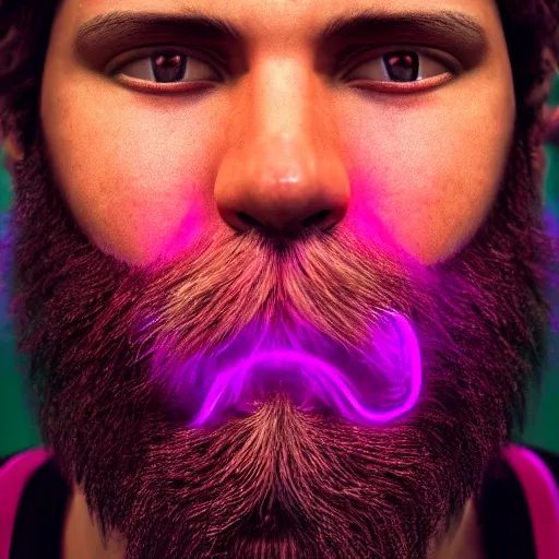 Image similar to an extreme close - up portrait of a neon glowing human beard, photographic filter, unreal engine 5, realistic, hyperdetailed, 8 k, cinematic, volumetric lighting, very realistic effect, hd, hdr, 4 k, sharp focus, octane render, ultra detailed, high resolution, trending on artstation in the style of albert dros glowing rich colors powerful imagery