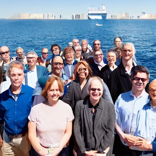 Image similar to photograph of a ship full of math professors, wide shot, sunny day, soft focus