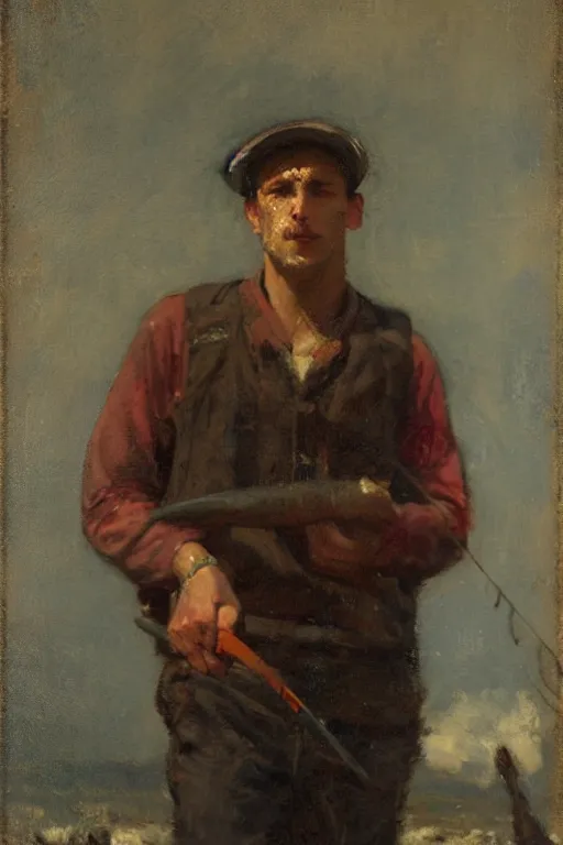Image similar to Solomon Joseph Solomon and Richard Schmid and Jeremy Lipking victorian genre painting full length portrait painting of a young man going fishing, red background