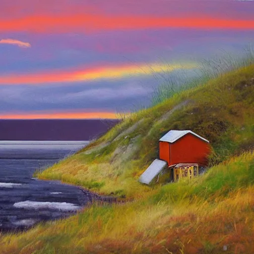 Prompt: overgrown norwegian village at the coast, sunset, arctic, beautiful, oil painting