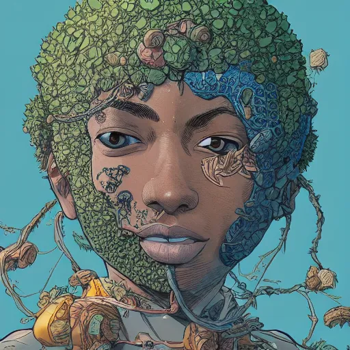 Image similar to hyper detailed comic illustration of a beautiful flower growing out of the head of a young mixed race explorer\'s head, by Josan Gonzalez and Geof Darrow, highly detailed, 8k wallpaper