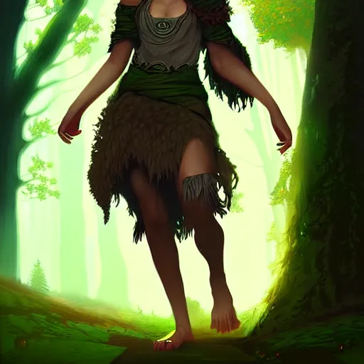 Image similar to a pretty druid surrounded by wolves digital painting, photorealistic, in the style of greg rutkowski, full body, detailed face