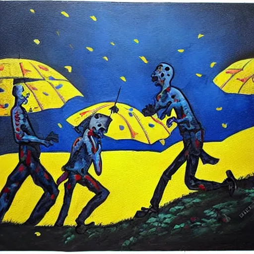 Image similar to painting of zombies walking in a blue sky, yellow raining