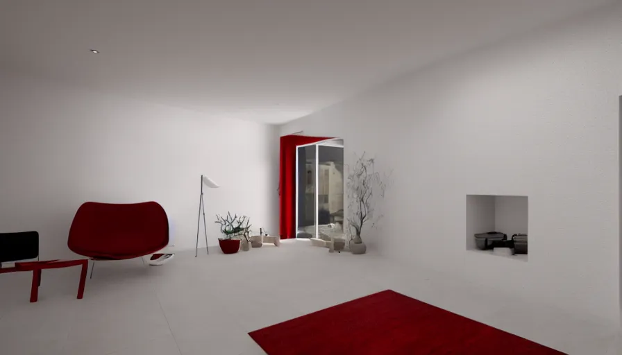 Image similar to interior photo of a ceramic tile house, octane render, minimalism, white and red colour palette