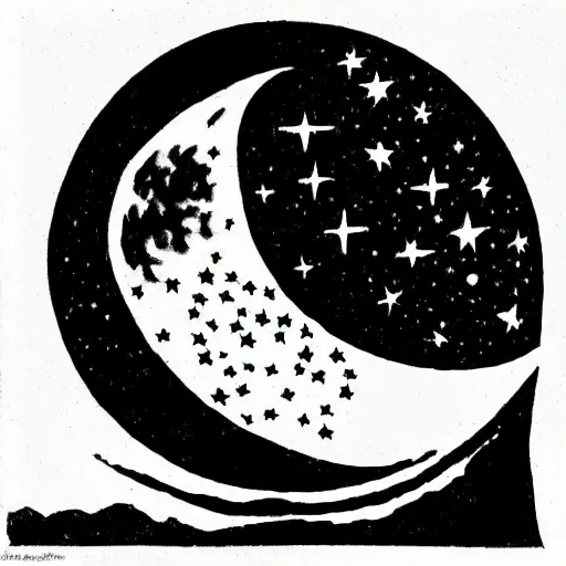 Prompt: a black and white woodcut artwork of the moon and stars