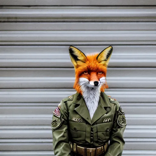 Image similar to a Fox dressed in a modern American general uniform, 85mm f/1.4